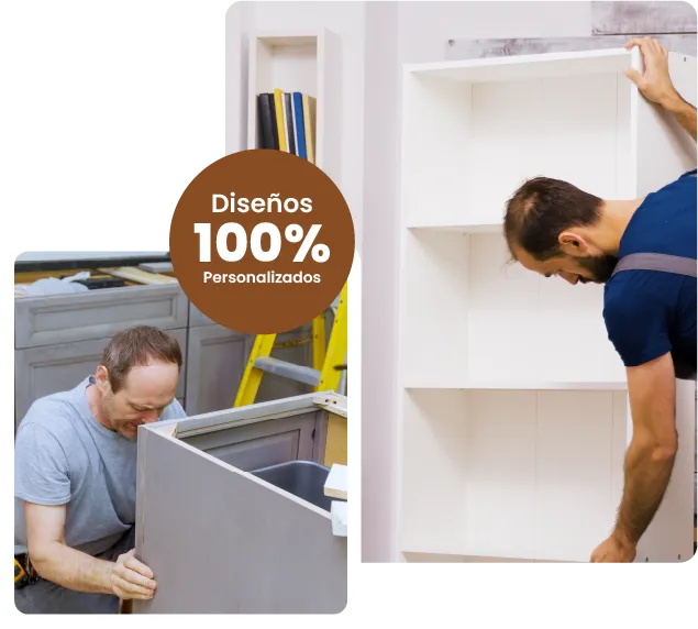 Dos fotografías que muestran a carpinteros profesionales instalando gabinetes a medida.