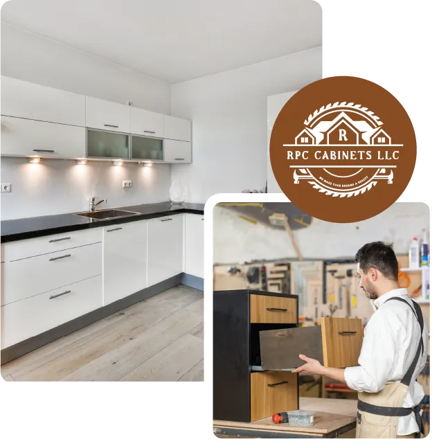 dos fotos combinadas con el logo de la empresa RPC Custom Cabinets, en la primera foto se muestra un carpintero creando un gabinete y en la segunda se muestra una fotografia panoramica de los gabinetes terminados en una cocina