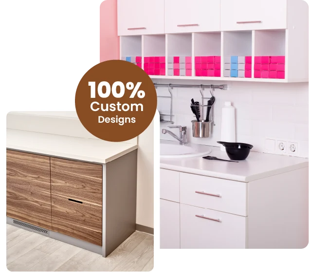 Two combined photographs showing different models of cabinets installed in bathrooms.