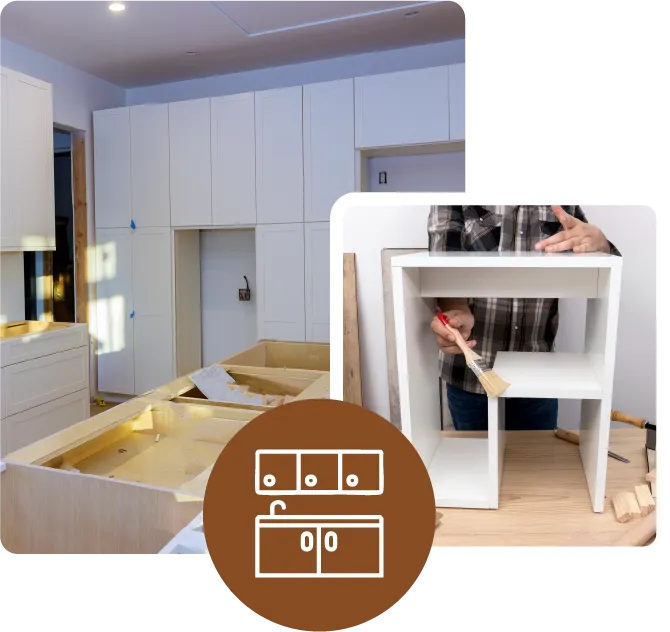 Combination of two photographs together showing the completed work installing custom cabinets.