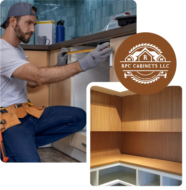 Two photos combined with the RPC brand logo. The back photo shows a carpenter working with cabinets, and the top photo shows the final result of a cabinet installation job.
