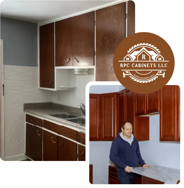 Combination of two images with the RPC company logo. The back photo shows renovated cabinets. The main image shows a carpenter installing renovated cabinets.
