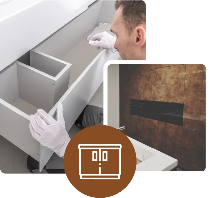 Collage of two photographs. The main one shows the installation of the paneled cabinets. The second image shows the final result.