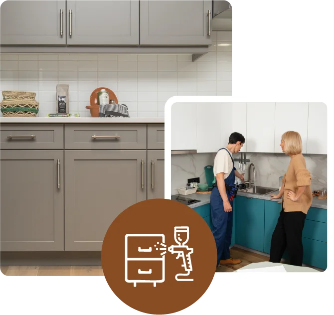 Two combined images: the back shows the refinished cabinets installed in a kitchen, the top shows a carpenter talking to a customer
