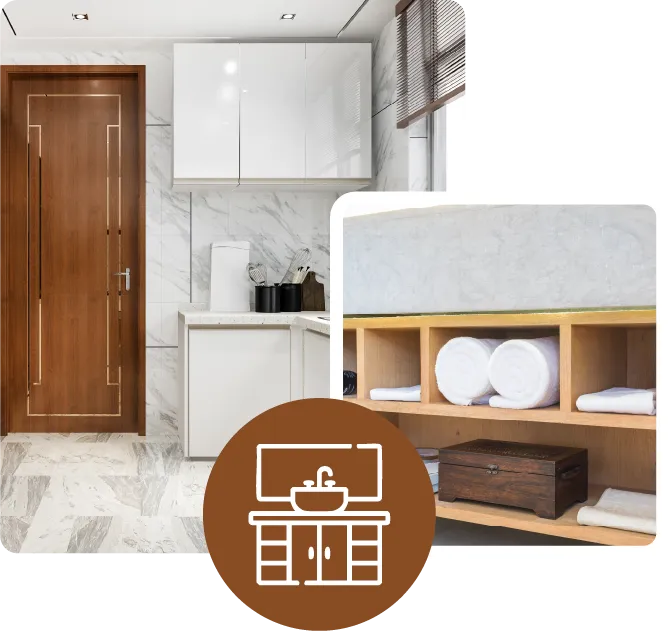 Collage of two photographs showing cabinets already installed in bathrooms. You can also see the icon for cabinets installed in a bathroom.