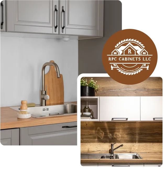 Combination of two photos and the RPC Cabinets logo. The photos show front views of kitchens with their prefabricated cabinets.