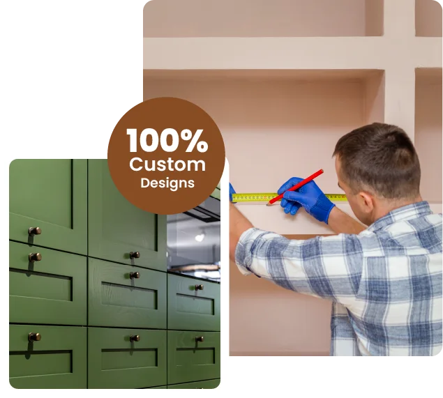 Two images, the main one shows a carpenter installing cabinets, the secondary image shows already installed clad cabinets.